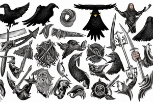 Viking theme, the obligatory presence of an axe, a raven, Odin, floating in the sea drakkar tattoo idea