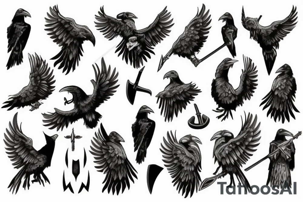 Viking theme, a raven, Odin with an axe, floating in the sea drakkar tattoo idea