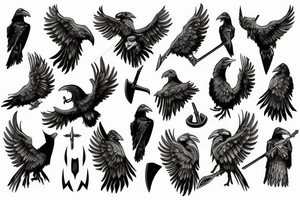 Viking theme, a raven, Odin with an axe, floating in the sea drakkar tattoo idea