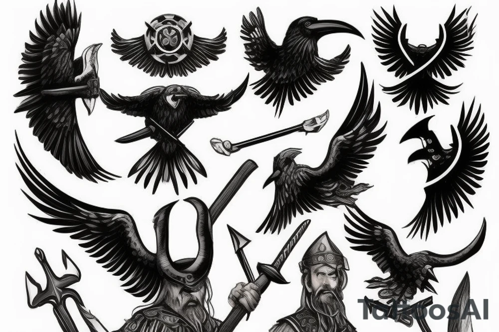 Viking theme, a raven, Odin with an axe, floating in the sea drakkar tattoo idea