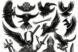 Viking theme, a raven, Odin with an axe, floating in the sea drakkar tattoo idea
