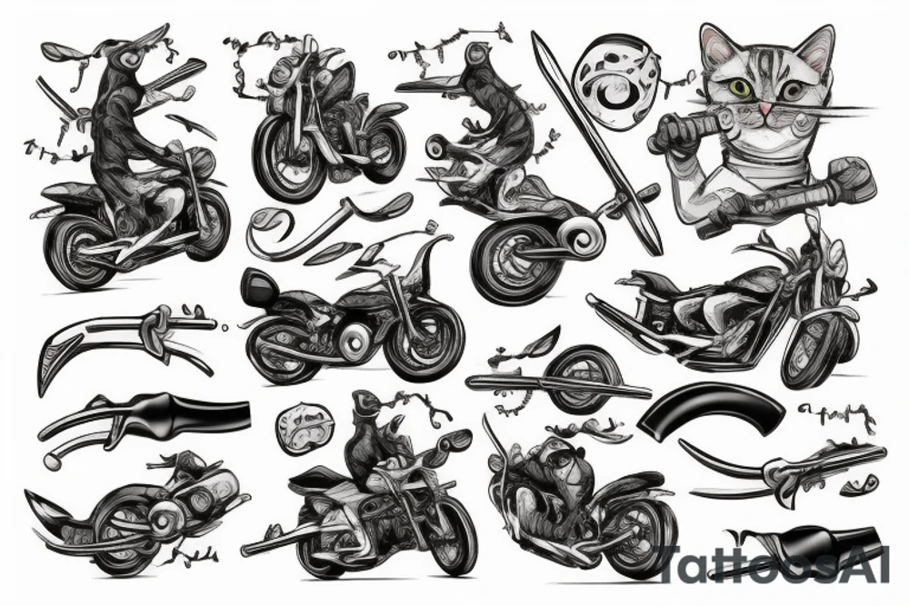 Cat with axe riding a motocycle tattoo idea