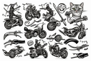 Cat with axe riding a motocycle tattoo idea
