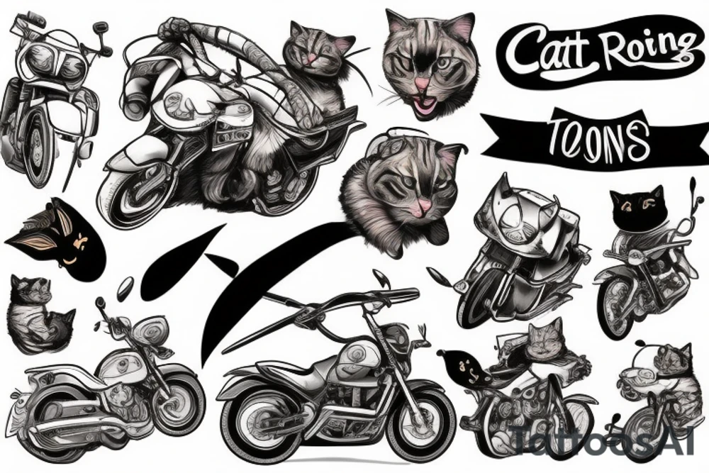 Cat with axe riding a motocycle tattoo idea