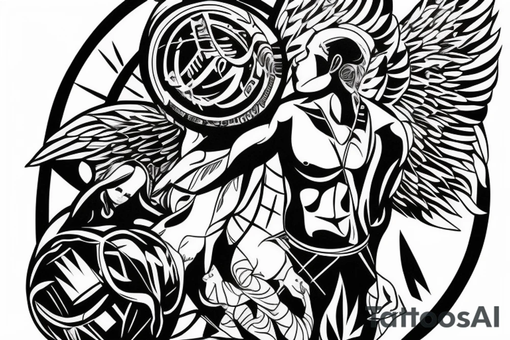 Man carrying weight of the world on his shoulders, Angel watching him tattoo idea