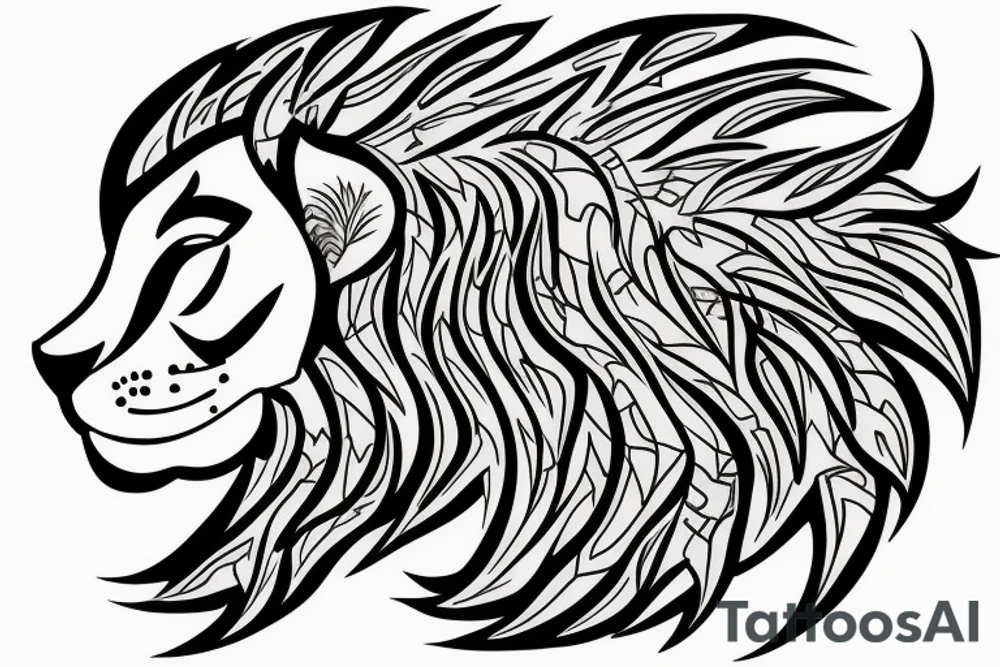 A predatory lion looking at the sky and green nature tattoo idea