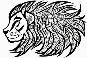 A predatory lion looking at the sky and green nature tattoo idea