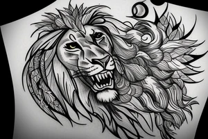 A predatory lion looking at the sky and green nature tattoo idea