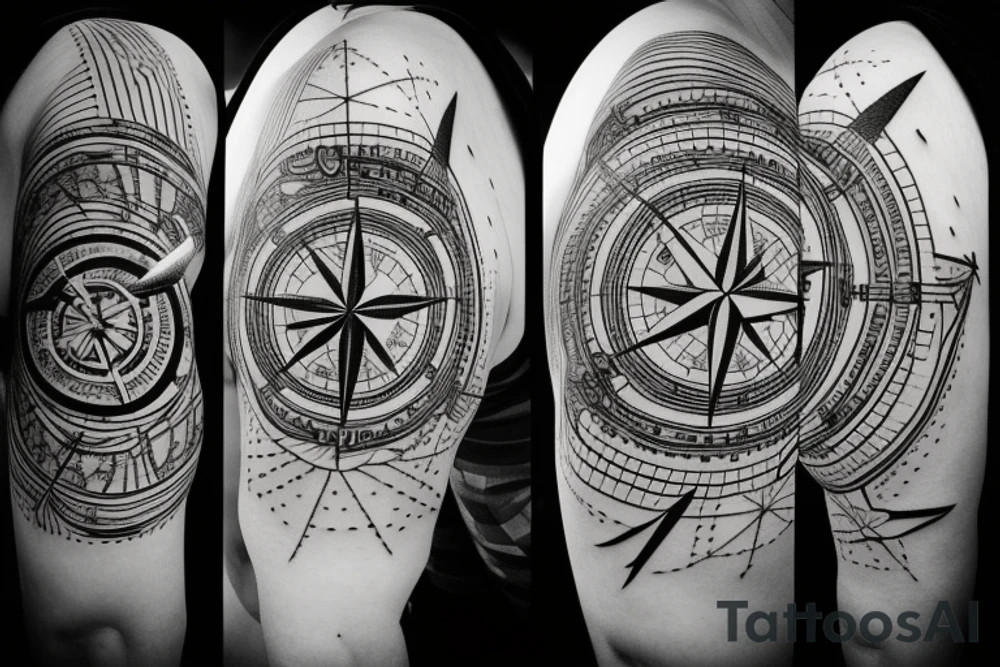 Compass with airplane. Flying around. North, west, south, east. Asian and europe tattoo idea