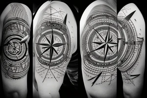 Compass with airplane. Flying around. North, west, south, east. Asian and europe tattoo idea