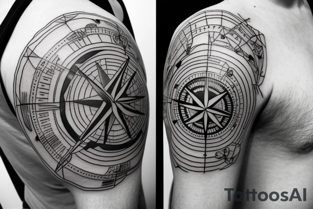 Compass with airplane. Flying around. North, west, south, east. Asian and europe tattoo idea