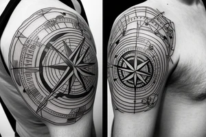 Compass with airplane. Flying around. North, west, south, east. Asian and europe tattoo idea