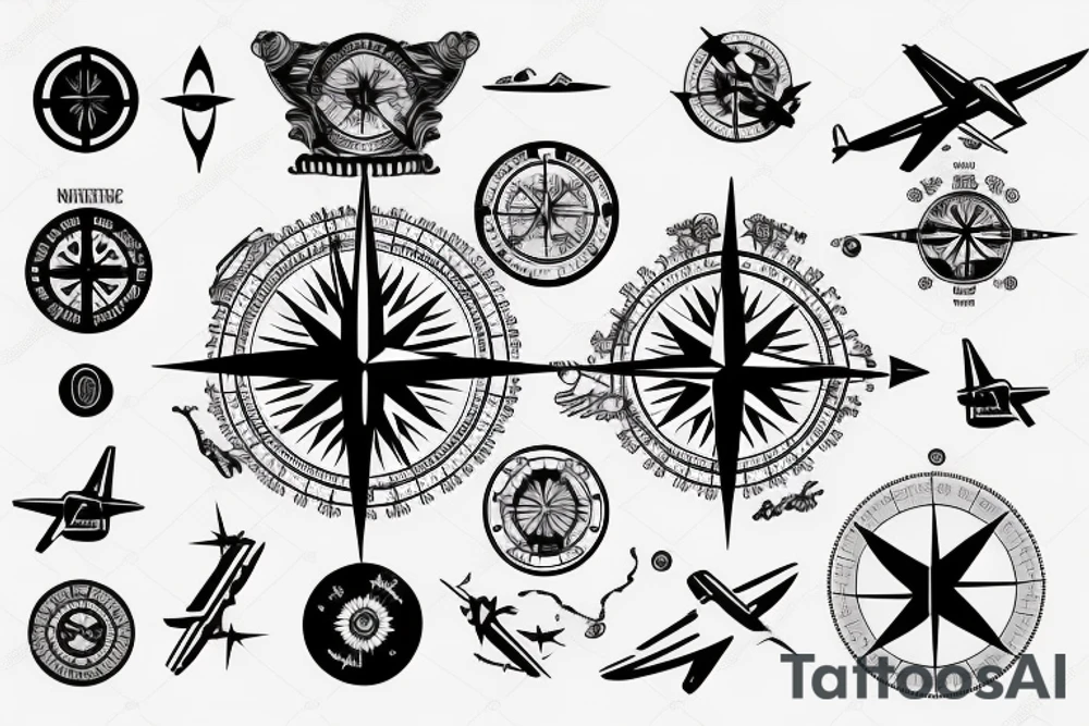 Compass with airplane. Flying around. North, west, south, east. Asian and europe tattoo idea