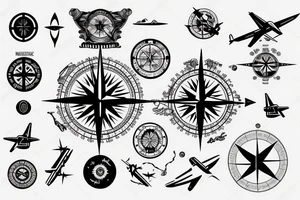 Compass with airplane. Flying around. North, west, south, east. Asian and europe tattoo idea
