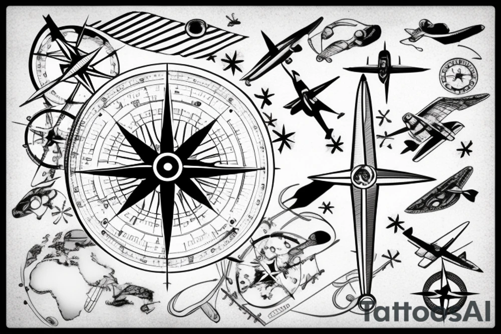Compass with airplane. Flying around. North, west, south, east. Asian and europe tattoo idea