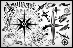 Compass with airplane. Flying around. North, west, south, east. Asian and europe tattoo idea