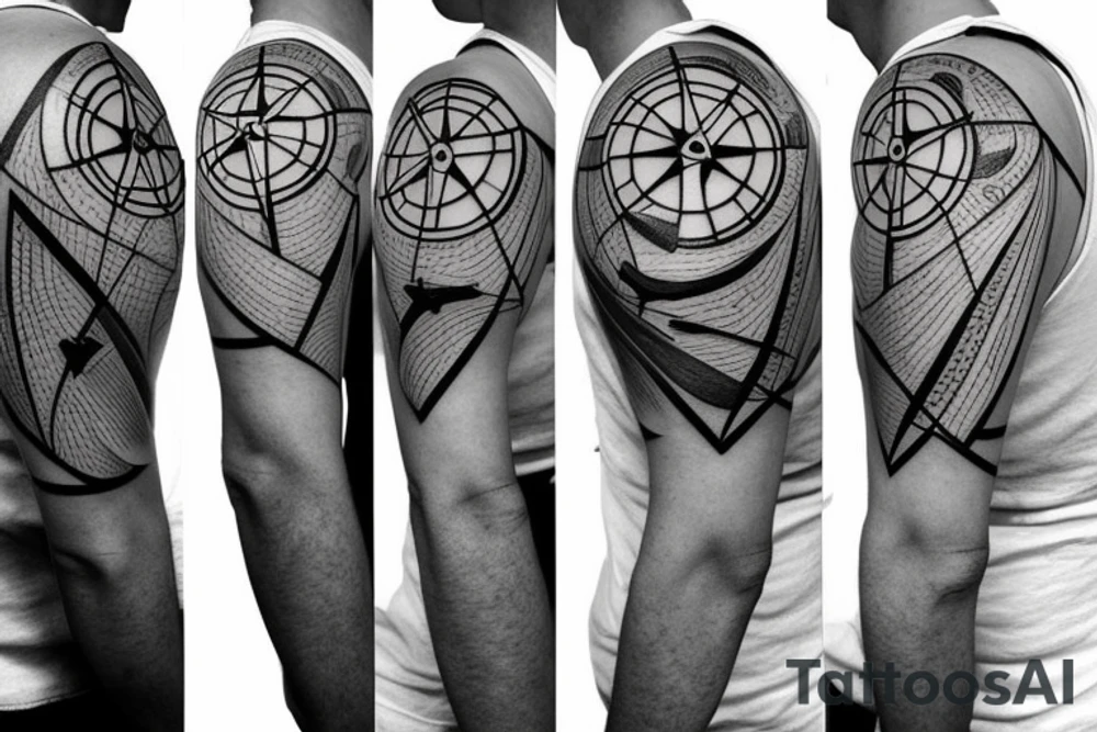 Compass with airplane. Flying around. North, west, south, east. Asian and europe tattoo idea