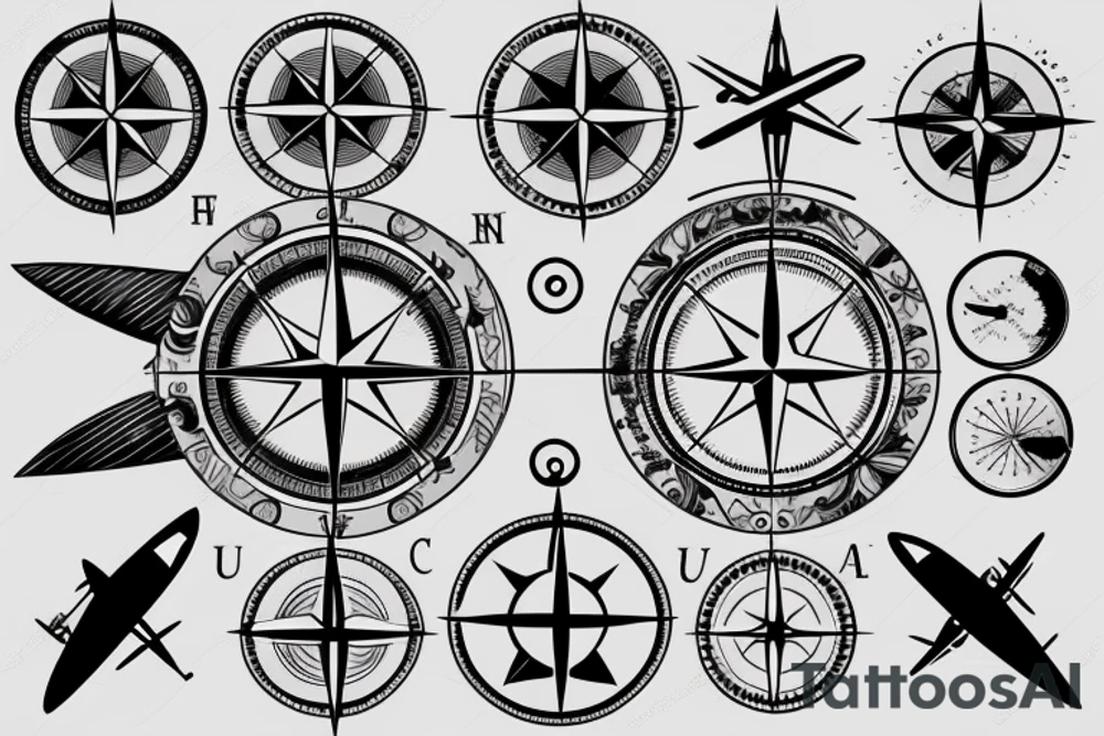 Compass with airplane. Flying around. North, west, south, east. Asian and europe tattoo idea
