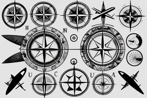 Compass with airplane. Flying around. North, west, south, east. Asian and europe tattoo idea