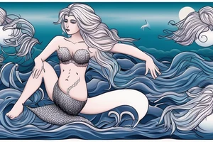 mermaid sitted on a rock with Sea in the background with a veil in the face made of seashells longe hair blonde with Sea effects with a seashell Bra. a big Full moon tattoo idea