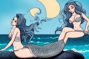 mermaid sitted on a rock with Sea in the background with a veil in the face made of seashells longe hair blonde with Sea effects with a seashell Bra. a big Full moon tattoo idea