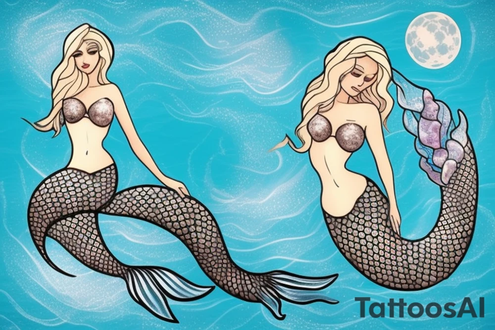 mermaid sitted on a rock with Sea in the background with a veil in the face made of seashells longe hair blonde with Sea effects with a seashell Bra. a big Full moon tattoo idea