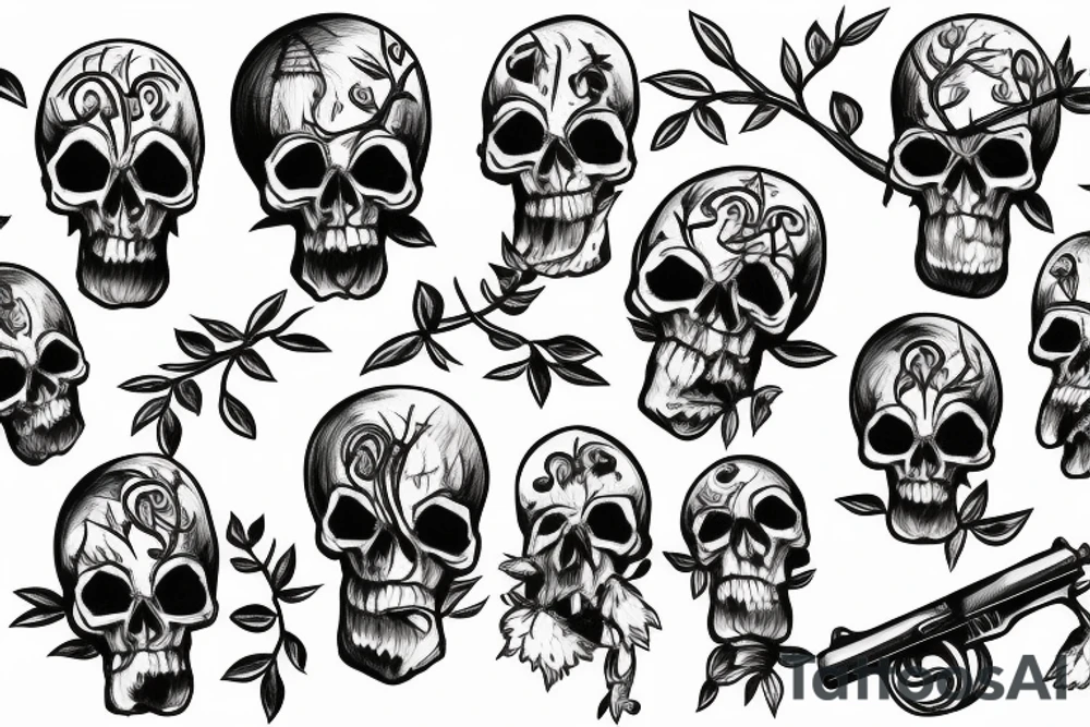 Bottom half a skull with trees branches coming out the top of the half skull with people standing under those tree branches holding guns to their heads tattoo idea