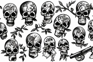 Bottom half a skull with trees branches coming out the top of the half skull with people standing under those tree branches holding guns to their heads tattoo idea