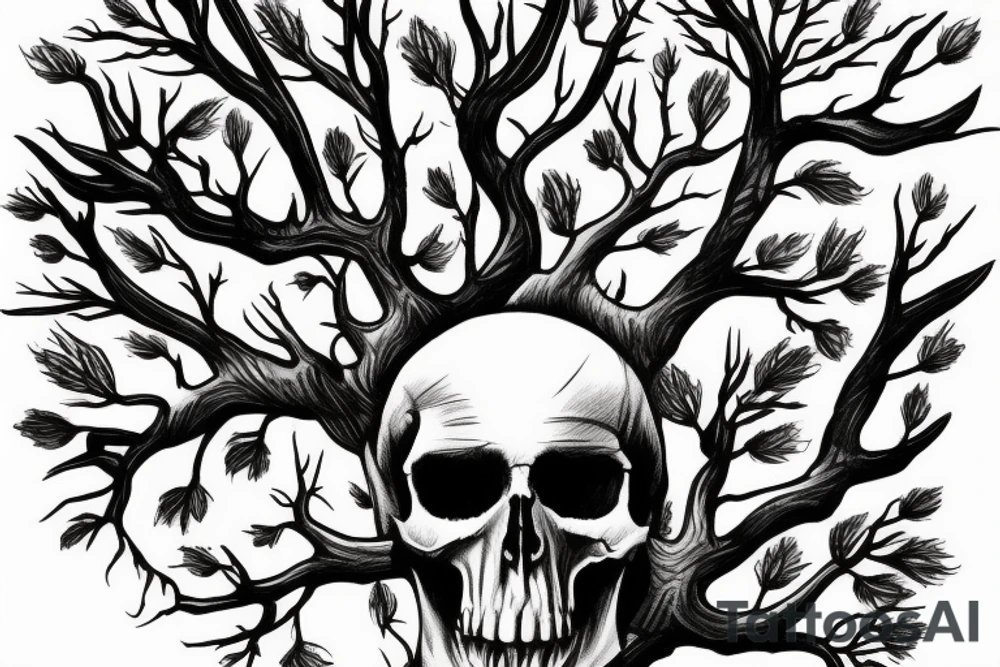Bottom half a skull with trees branches coming out the top of the half skull with people standing under those tree branches holding guns to their heads tattoo idea