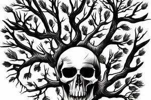 Bottom half a skull with trees branches coming out the top of the half skull with people standing under those tree branches holding guns to their heads tattoo idea