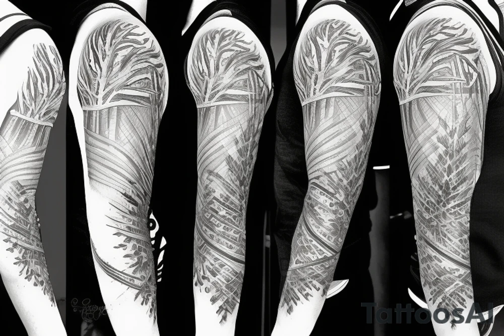 Filipino sun with pine trees in front full sleeve tattoo idea