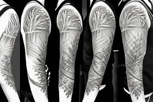 Filipino sun with pine trees in front full sleeve tattoo idea