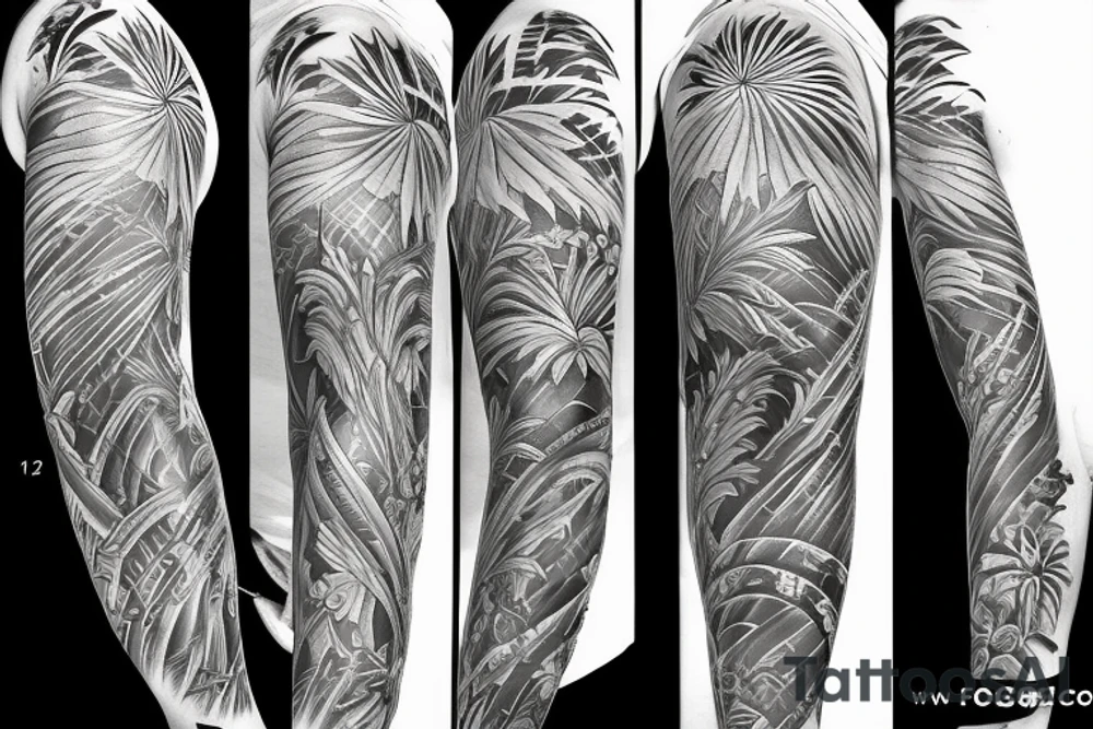 Filipino sun with pine trees in front full sleeve tattoo idea
