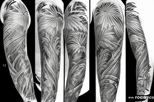 Filipino sun with pine trees in front full sleeve tattoo idea