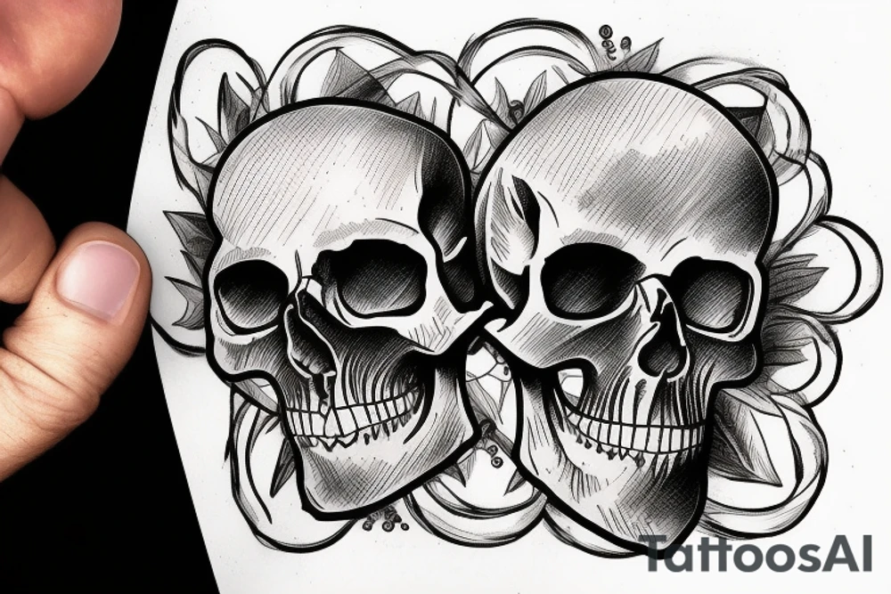 Bottom half of a skull with two people above it busy commiting suicide tattoo idea
