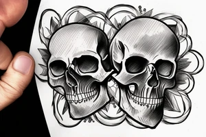 Bottom half of a skull with two people above it busy commiting suicide tattoo idea