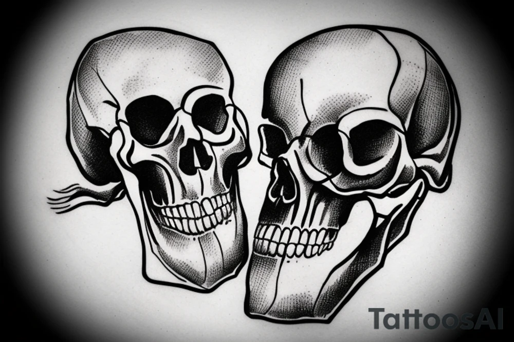 Bottom half of a skull with two people above it busy commiting suicide tattoo idea