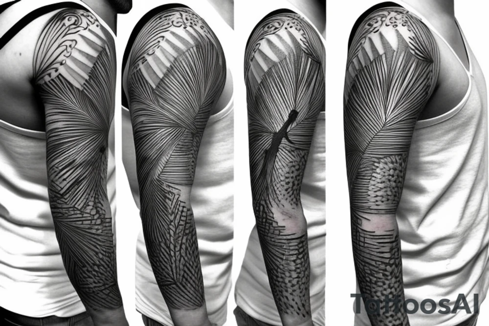 Filipino sun with pine trees in front full sleeve tattoo idea