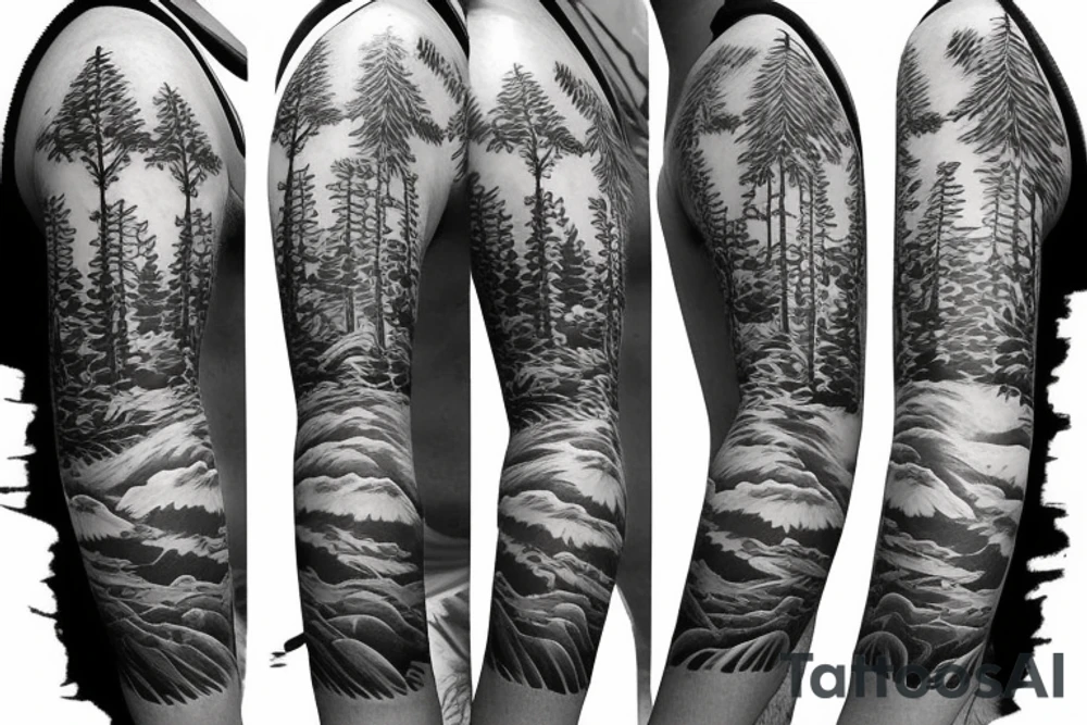 Filipino sun with pine trees in front full sleeve tattoo idea