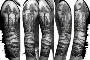 Filipino sun with pine trees in front full sleeve tattoo idea