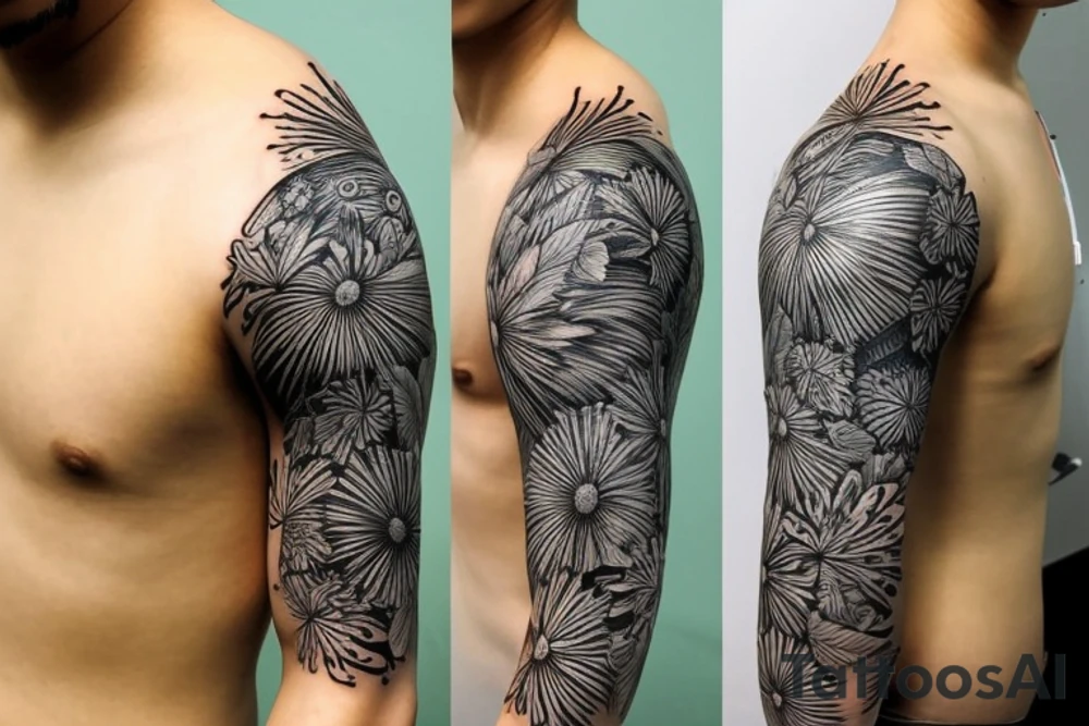 Filipino philippine sun with pine trees in front full sleeve tattoo idea