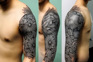 Filipino philippine sun with pine trees in front full sleeve tattoo idea