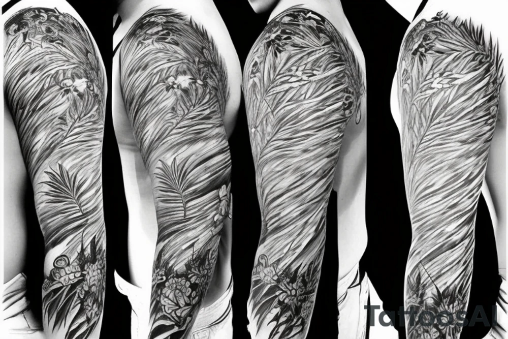 Filipino philippine sun with pine trees in front full sleeve tattoo idea