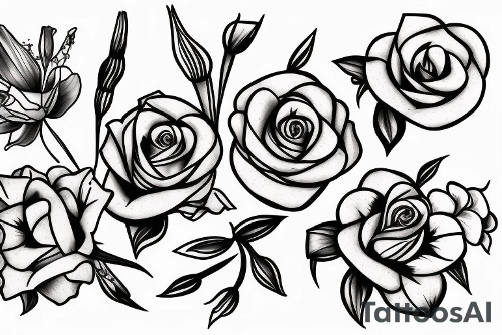 Small bouquet with one rose in the middle, one daffodil, and one gladiolus tattoo idea