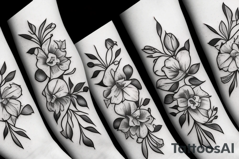Small bouquet with one rose in the middle, one daffodil, and one gladiolus tattoo idea
