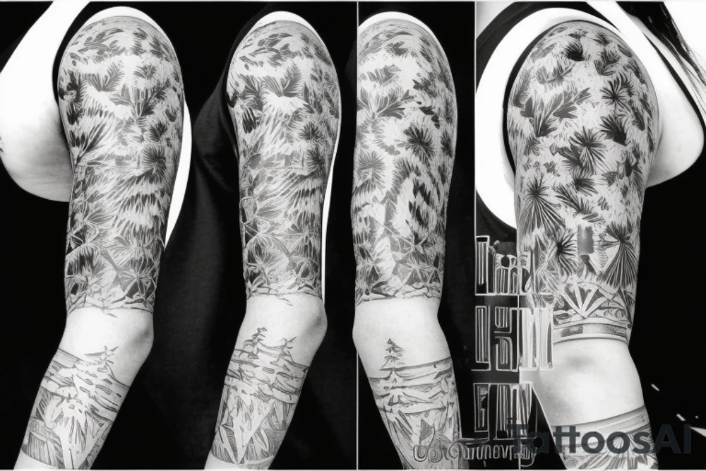 Filipino philippine sun with pine trees in front full sleeve tattoo idea