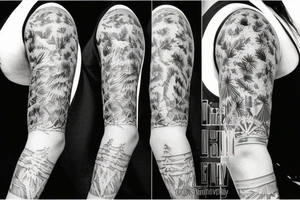Filipino philippine sun with pine trees in front full sleeve tattoo idea