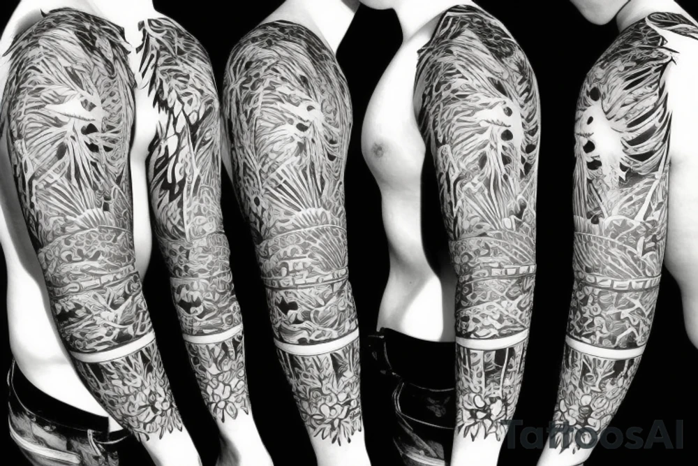 Filipino philippine sun with pine trees in front full sleeve tattoo idea