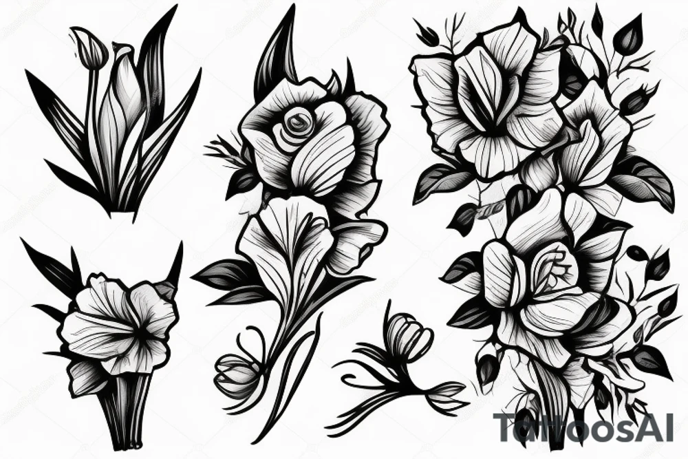 Small bouquet with one rose in the middle, one daffodil, and one gladiolus, each on a stem tattoo idea