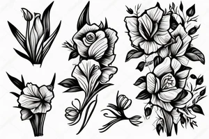 Small bouquet with one rose in the middle, one daffodil, and one gladiolus, each on a stem tattoo idea